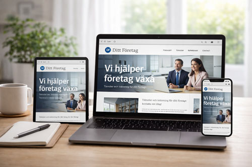 Responsiv hemsida för företag som visas på dator, surfplatta och mobil